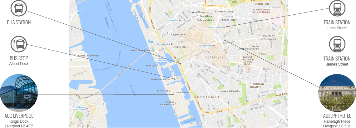 Map of Liverpool travel points and hotels